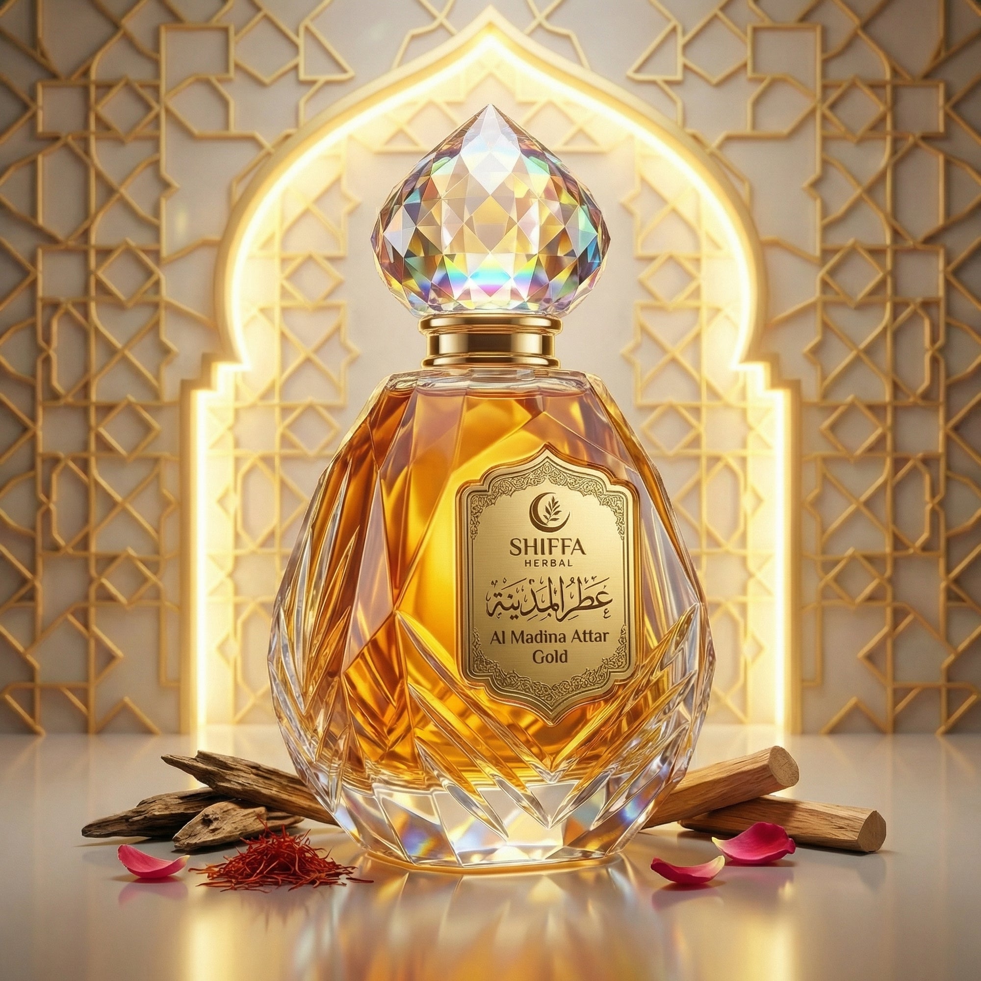 Perfume bottle with intricate design and 'Shiffa' branding against a decorative background